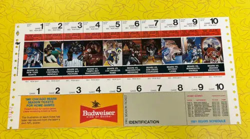 1987 Chicago Bears season tickets featured in Payton Singletary RC proof sheet set