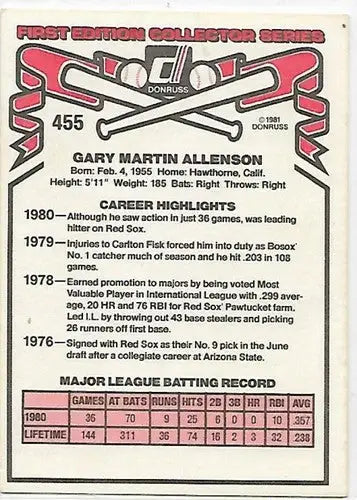 Gary Allenson Red Sox 1981 Donruss #455 baseball card with original gloss