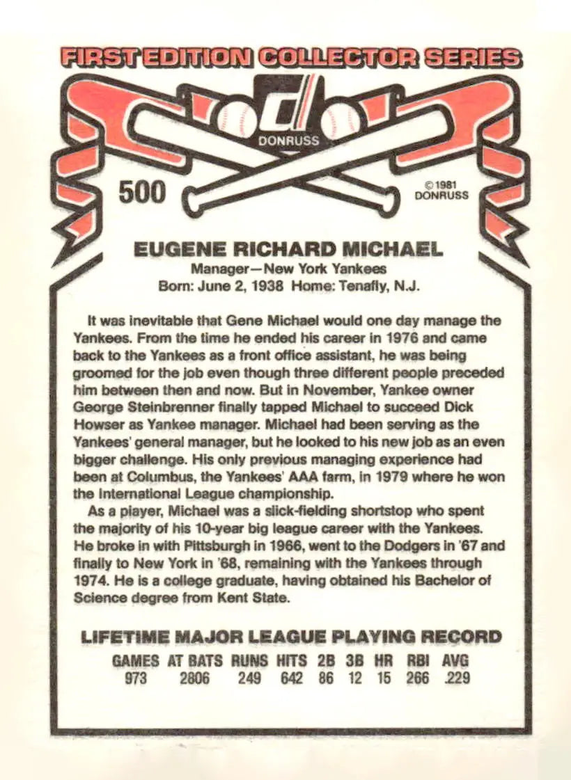 Baseball card featuring Gene Michael of the York Yankees from 1981 Donruss #500