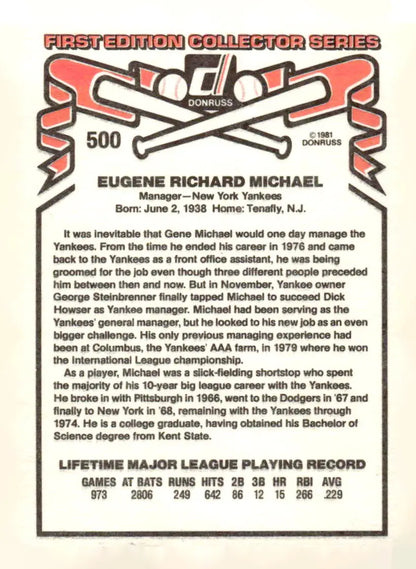 Baseball card featuring Gene Michael of the York Yankees from 1981 Donruss #500