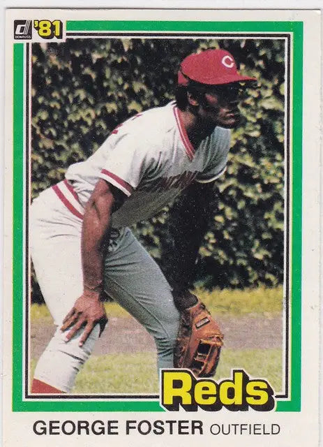 Baseball card of George Foster Cincinnati Reds in batting stance, 1981 Donruss #65