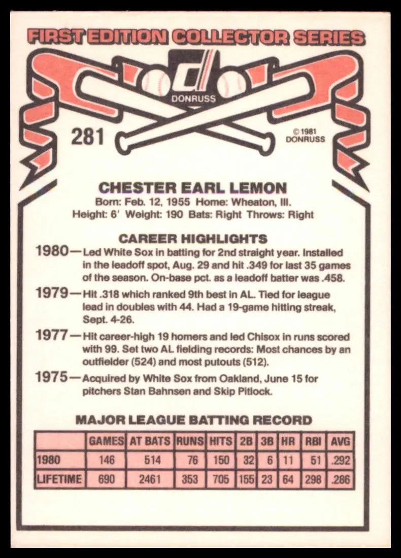 1981 Donruss Chet Lemon 281 Chicago White Sox NM - Baseball Card Single