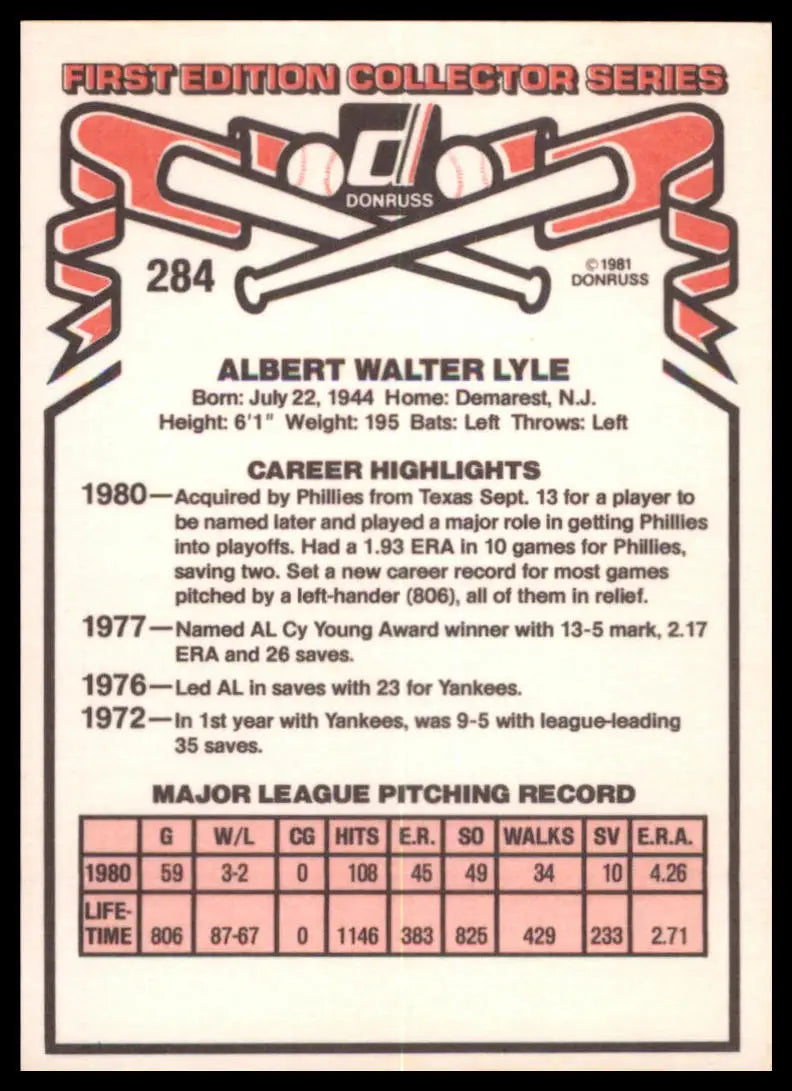 1981 Donruss Sparky Lyle 284 Philadelphia Phillies NM - Baseball Card Single