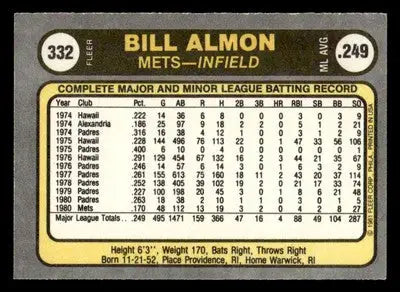 Vintage 1981 Fleer #332 Bill Almon baseball card featuring York Mets batting stats