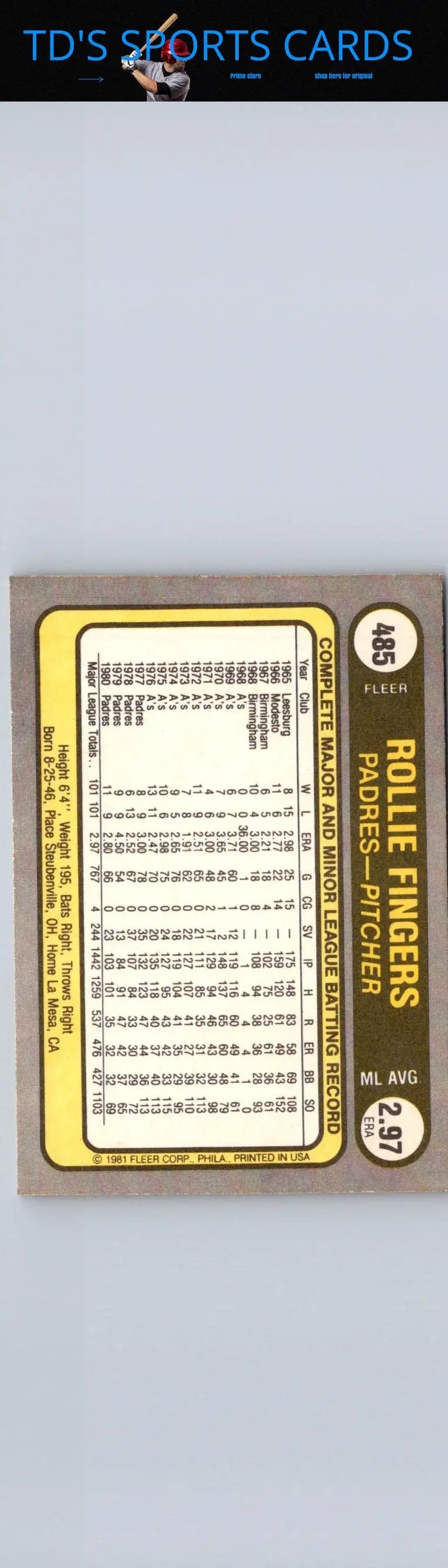 1981 Fleer Rollie Fingers baseball card featuring legendary pitcher Rollie Fingers