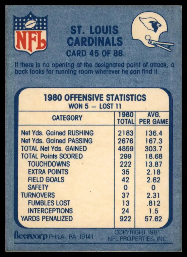 1981 Fleer Teams in Action St Louis Cardinals #45 Football Card NFL Sports - Football Card Single