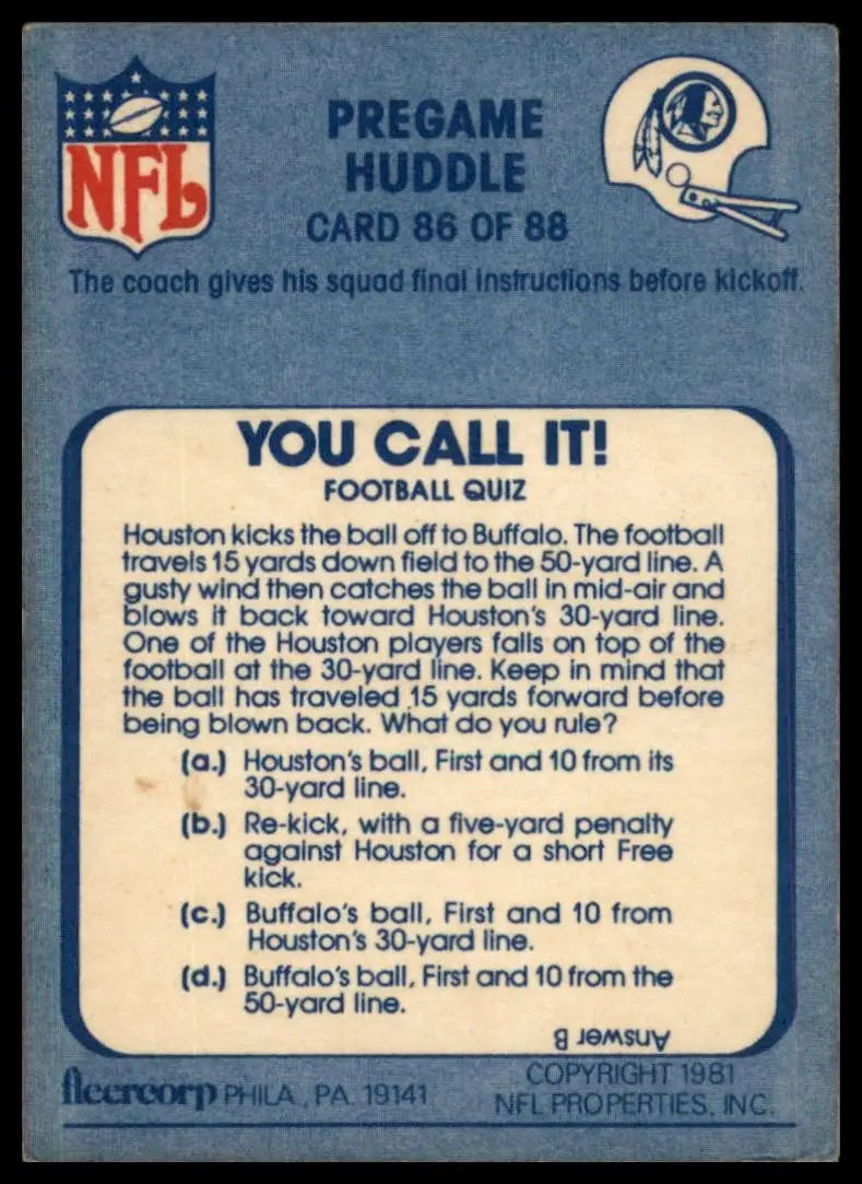 1981 Fleer Teams in Action Washington Redskins #86 Football Card NFL Sports - Football Card Single