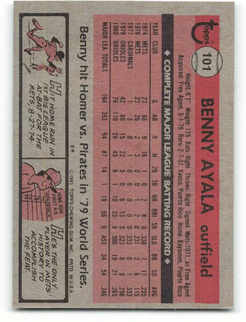 1981 Topps #101 Benny Ayala EX Excellent Baltimore Orioles Baseball Card - Baseball Card Single