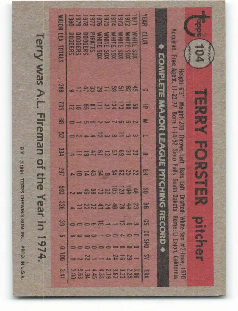 1981 Topps #104 Terry Forster EX Excellent Los Angeles Dodgers Baseball Card - Baseball Card Single