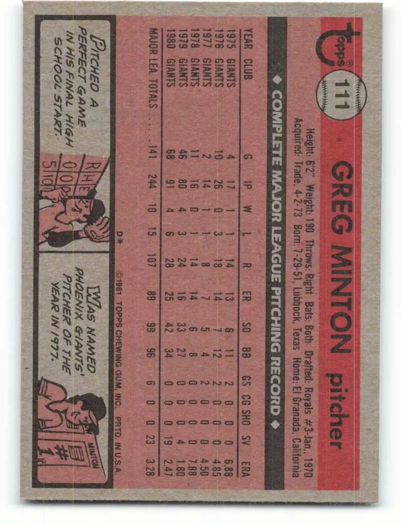 1981 Topps #111 Greg Minton EX Excellent San Francisco Giants Baseball Card - Baseball Card Single