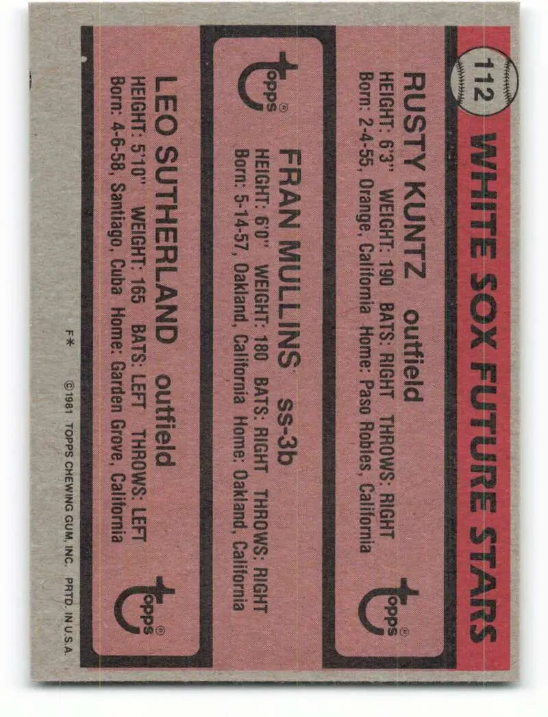 1981 Topps #112 Rusty Kuntz/Fran Mullins/Leo Sutherland EX Excellent RC Rookie Chicago White Sox Baseball Card