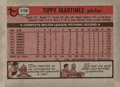 Vintage 1981 Topps Tippy Martinez baseball card with pitching record and personal details
