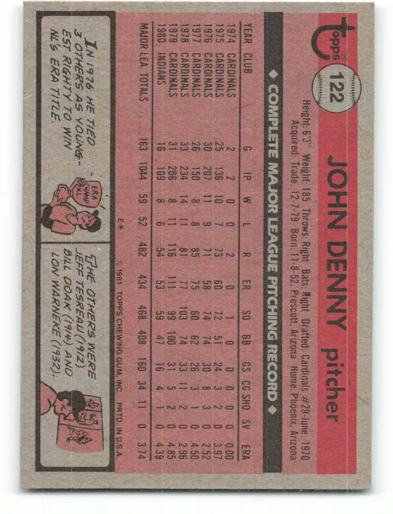 1981 Topps #122 John Denny EX Excellent Cleveland Indians Baseball Card - Baseball Card Single