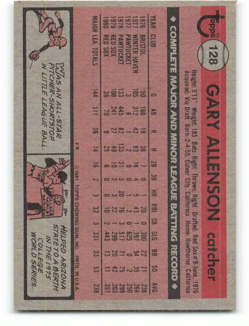 1981 Topps #128 Gary Allenson EX Excellent Boston Red Sox Baseball Card - Baseball Card Single
