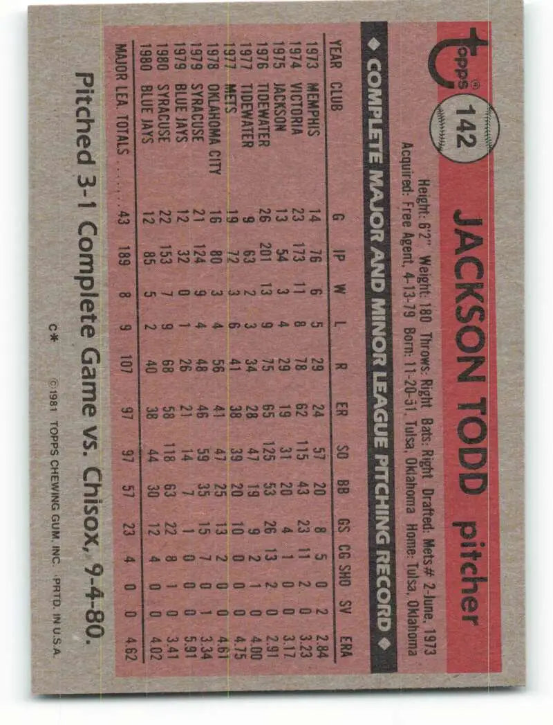 1981 Topps #142 Jackson Todd EX Excellent Toronto Blue Jays Baseball Card - Baseball Card Single