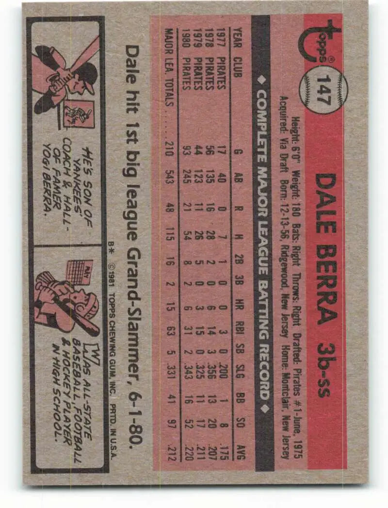 1981 Topps #147 Dale Berra EX Excellent Pittsburgh Pirates Baseball Card - Baseball Card Single