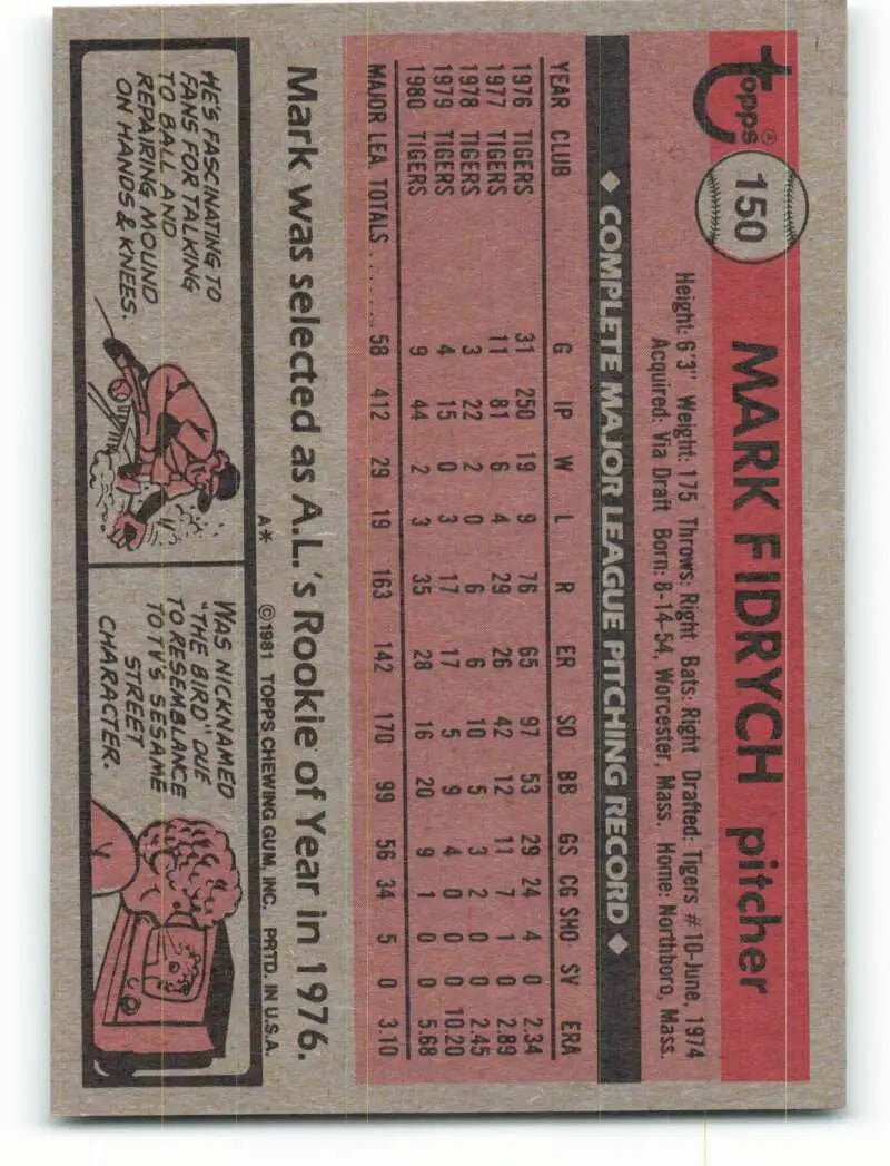 1981 Topps #150 Mark Fidrych EX Excellent Detroit Tigers Baseball Card - Baseball Card Single