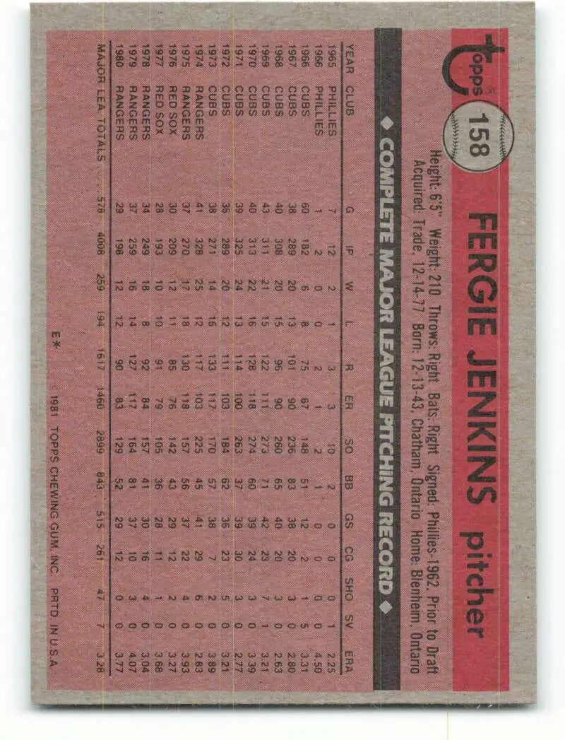 1981 Topps #158 Fergie Jenkins EX Excellent Texas Rangers Baseball Card - Baseball Card Single