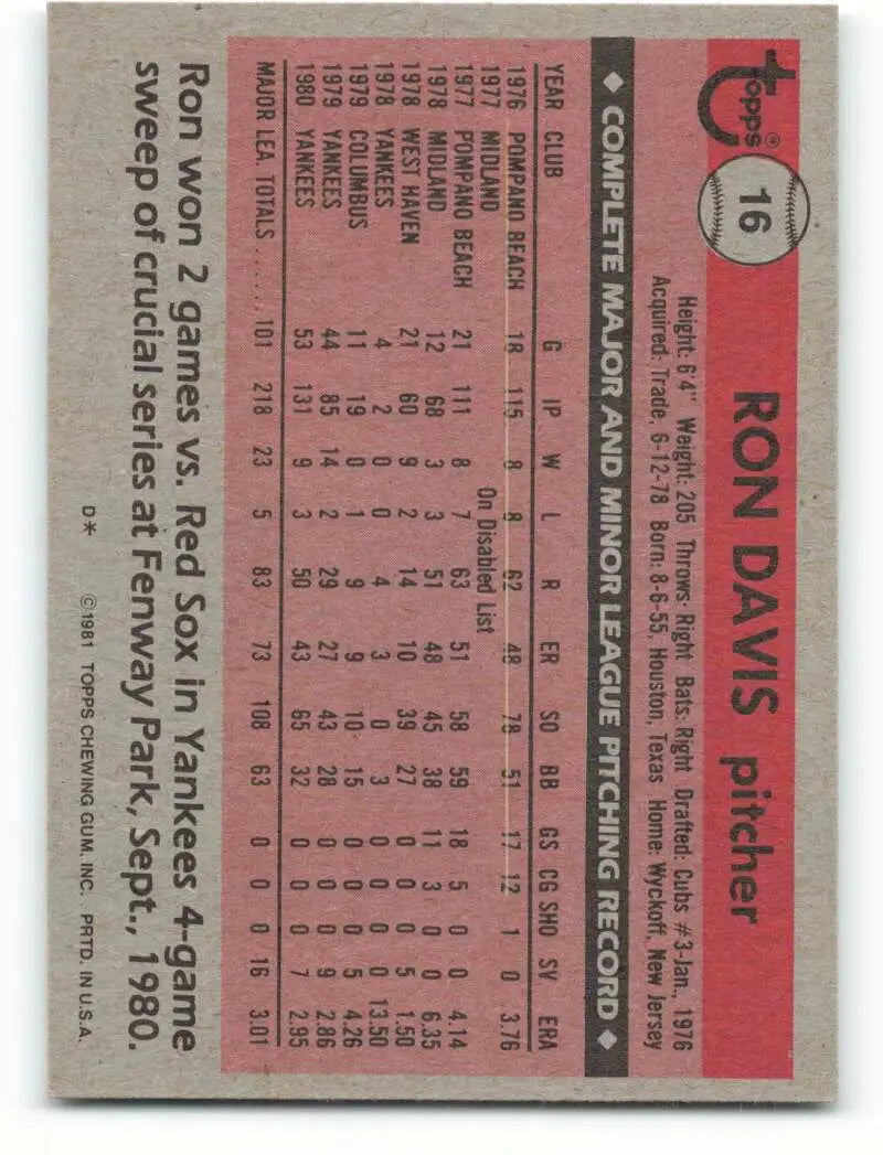 1981 Topps #16 Ron Davis EX Excellent New York Yankees Baseball Card - Baseball Card Single