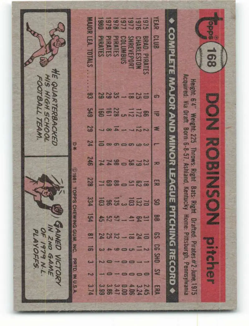1981 Topps #168 Don Robinson EX Excellent Pittsburgh Pirates Baseball Card - Baseball Card Single