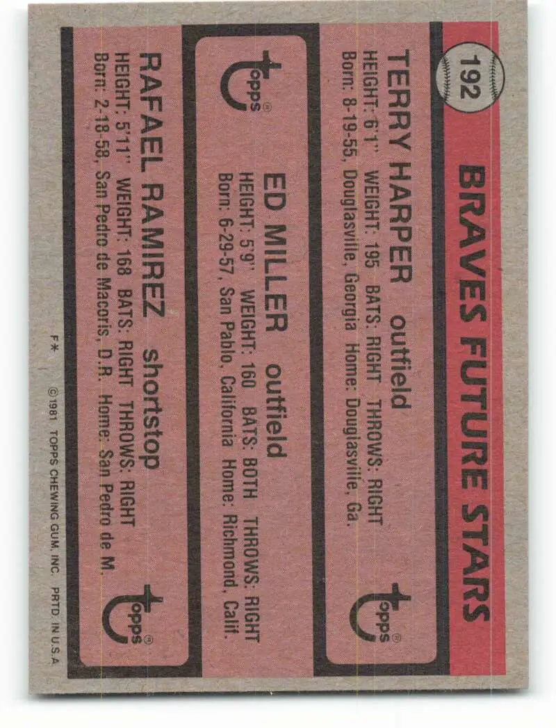 1981 Topps #192 Terry Harper/Ed Miller/Rafael Ramirez EX Excellent RC Rookie Atlanta Braves Baseball Card - Baseball