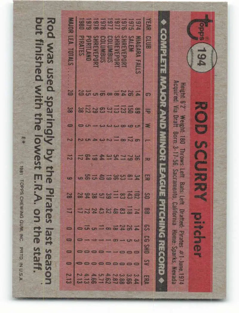 1981 Topps #194 Rod Scurry EX Excellent RC Rookie Pittsburgh Pirates Baseball Card - Baseball Card Single
