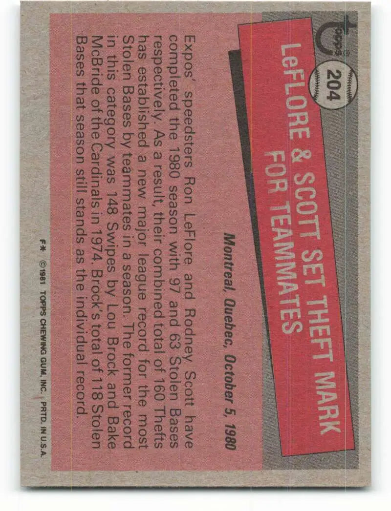 1981 Topps #204 Ron LeFlore/Rodney Scott EX Excellent Montreal Expos Baseball Card - Baseball Card Single