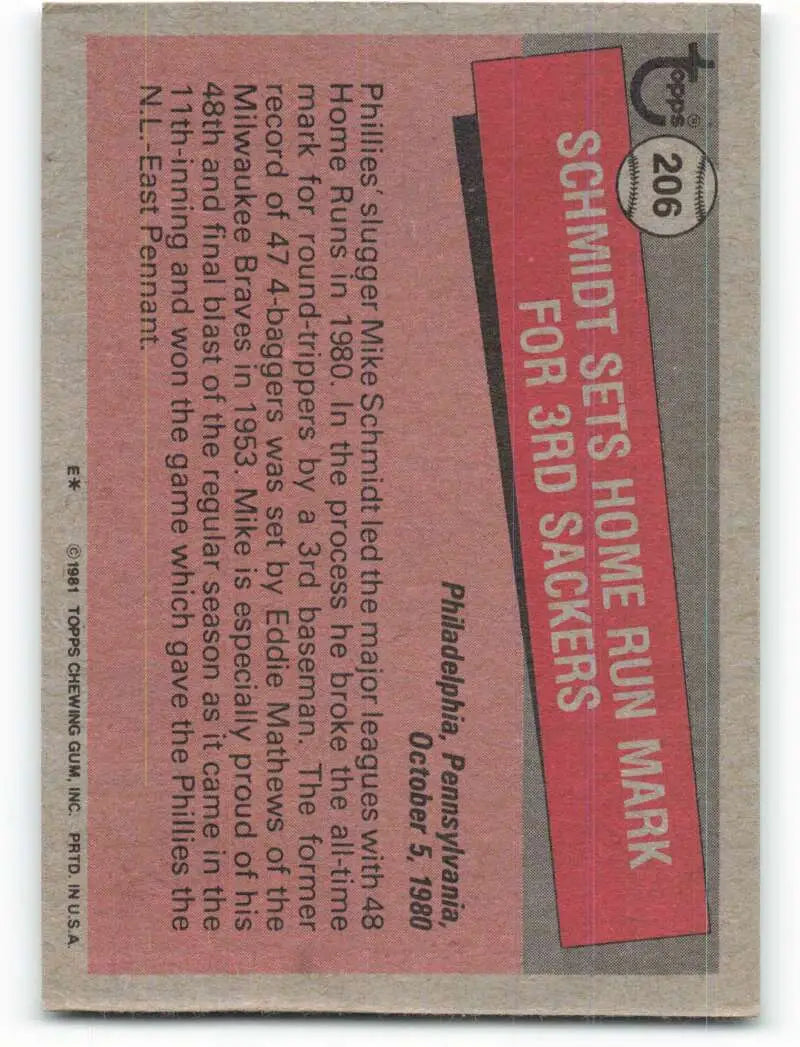 1981 Topps #206 Mike Schmidt EX Excellent Philadelphia Phillies Baseball Card - Baseball Card Single