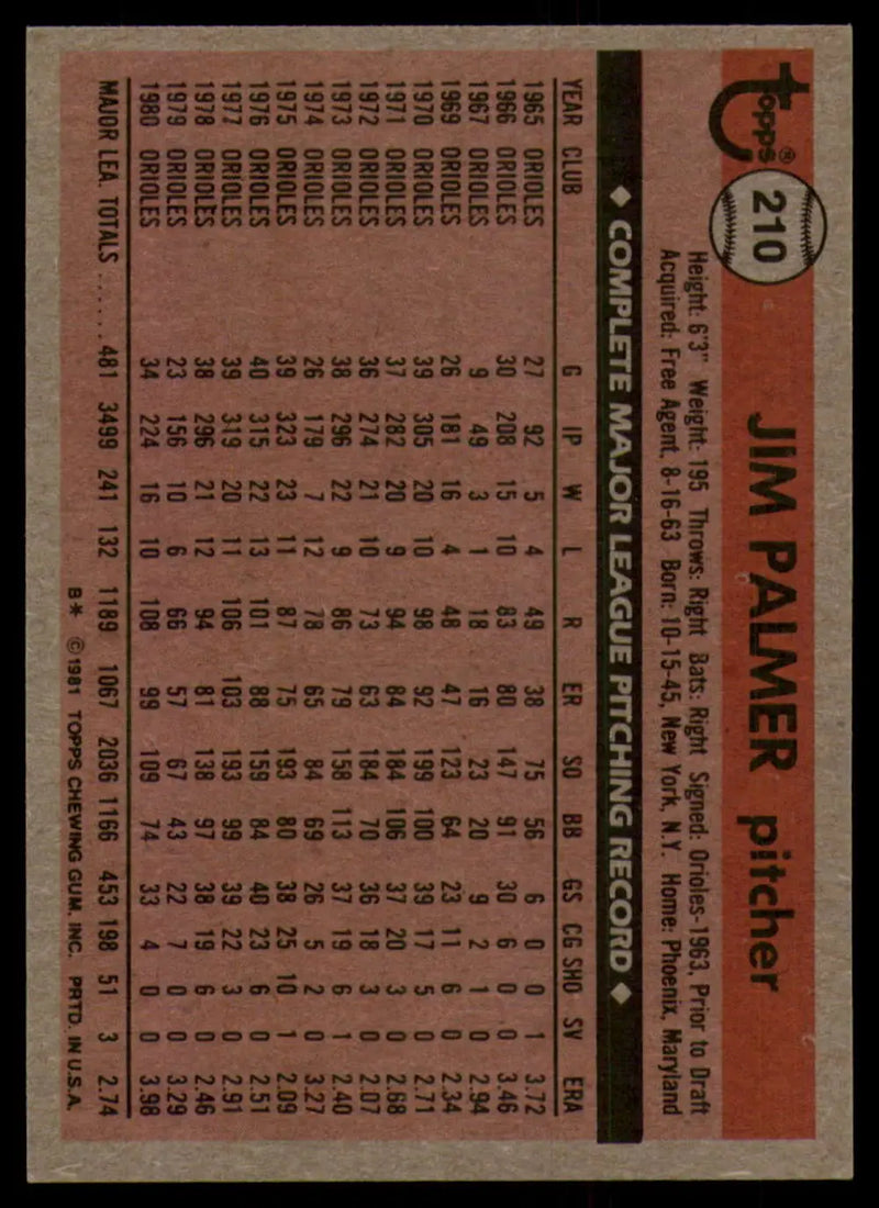 1981 Topps #210 Jim Palmer EX Excellent Baltimore Orioles Baseball Card - Baseball Card Single