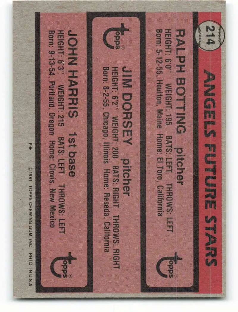 1981 Topps #214 Ralph Botting/Jim Dorsey/John Harris EX Excellent RC Rookie California Angels Baseball Card