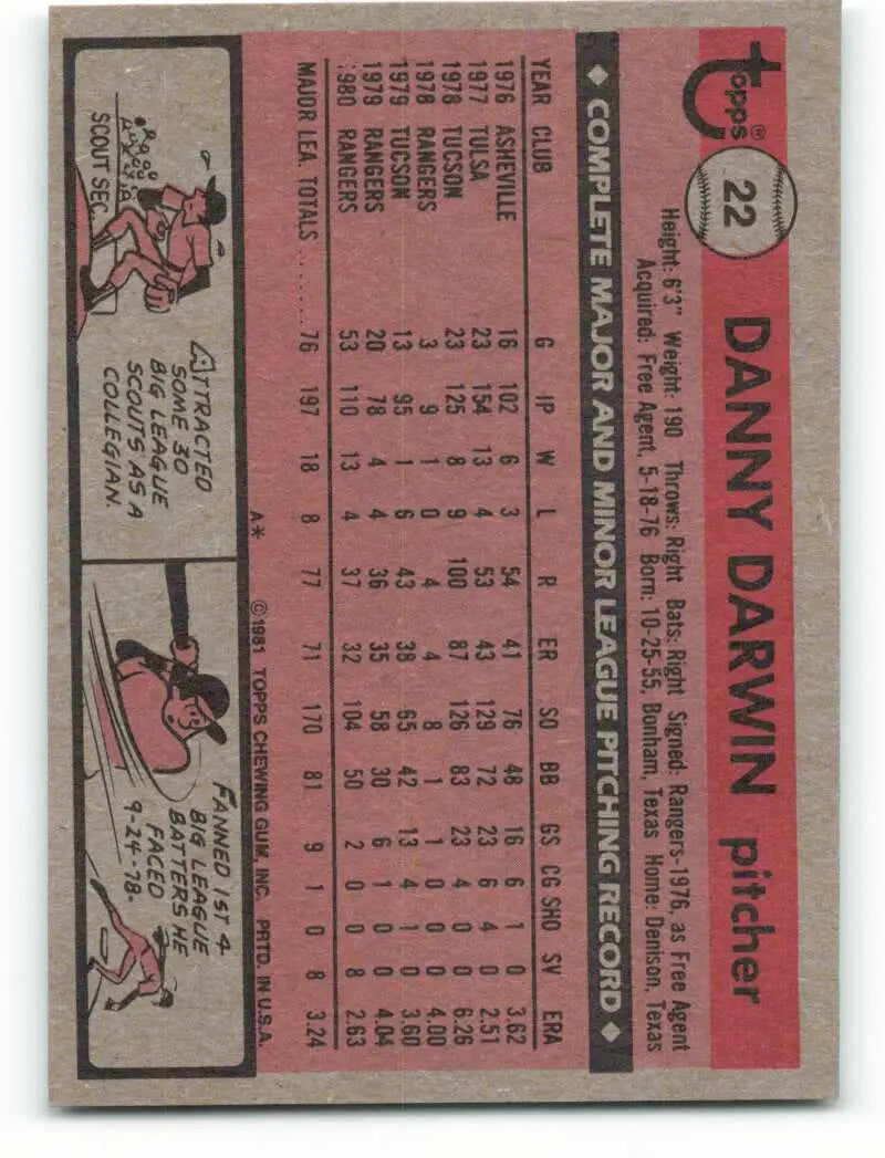 1981 Topps #22 Danny Darwin EX Excellent Texas Rangers Baseball Card - Baseball Card Single