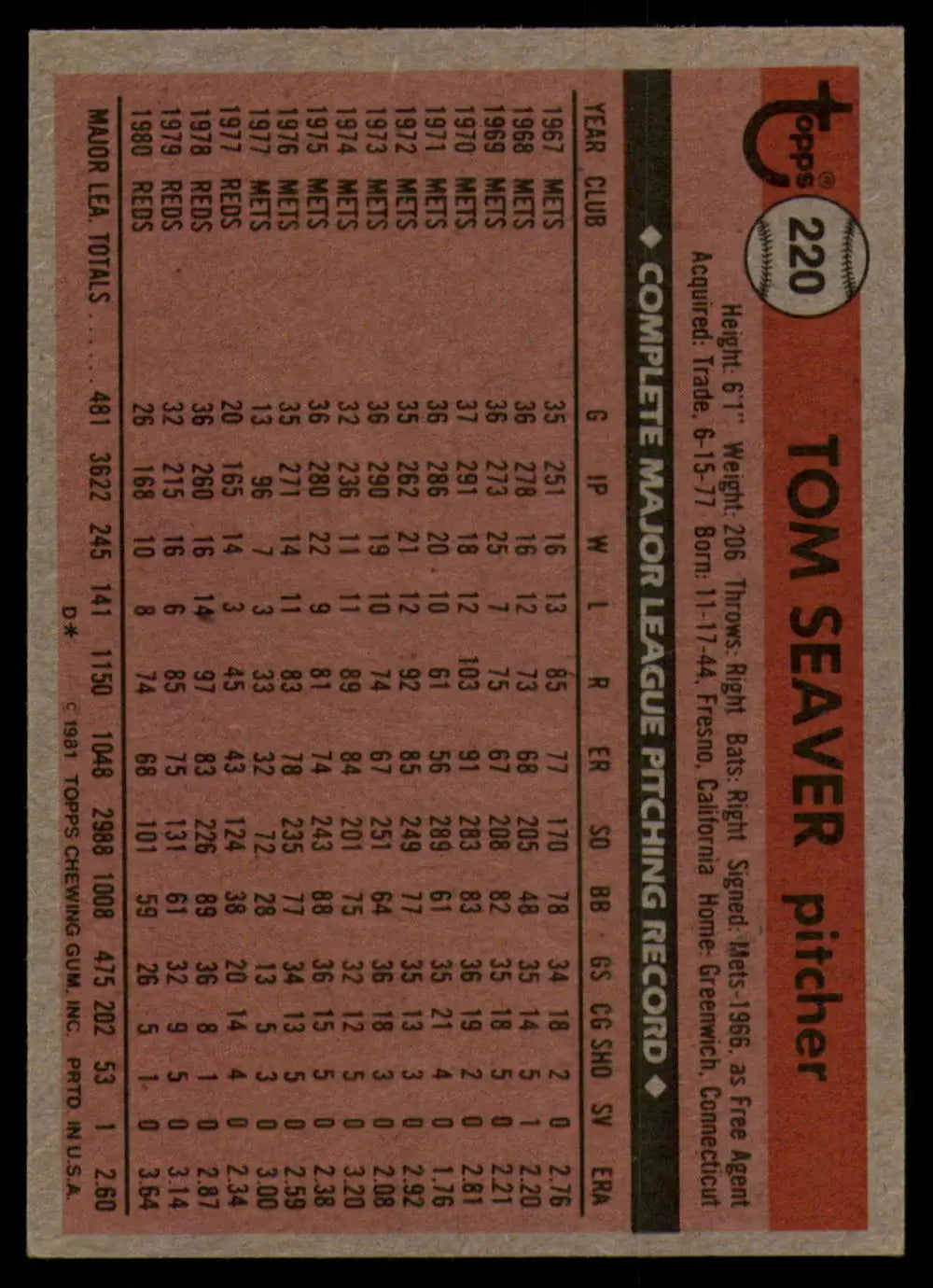 1981 Topps #220 Tom Seaver EX Excellent Cincinnati Reds Baseball Card - Baseball Card Single
