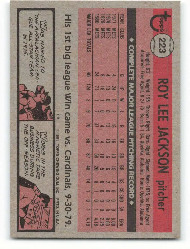 1981 Topps #223 Roy Lee Jackson EX Excellent RC Rookie New York Mets Baseball Card - Baseball Card Single
