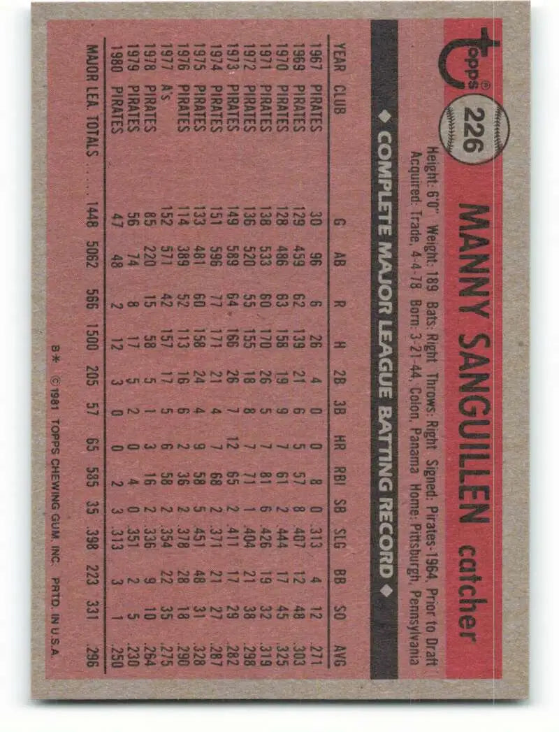 1981 Topps #226 Manny Sanguillen EX Excellent Pittsburgh Pirates Baseball Card - Baseball Card Single