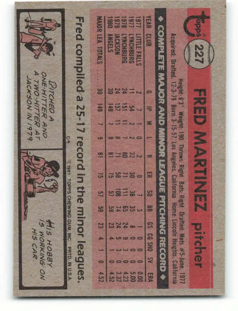 1981 Topps #227 Fred Martinez EX Excellent RC Rookie California Angels Baseball Card - Baseball Card Single