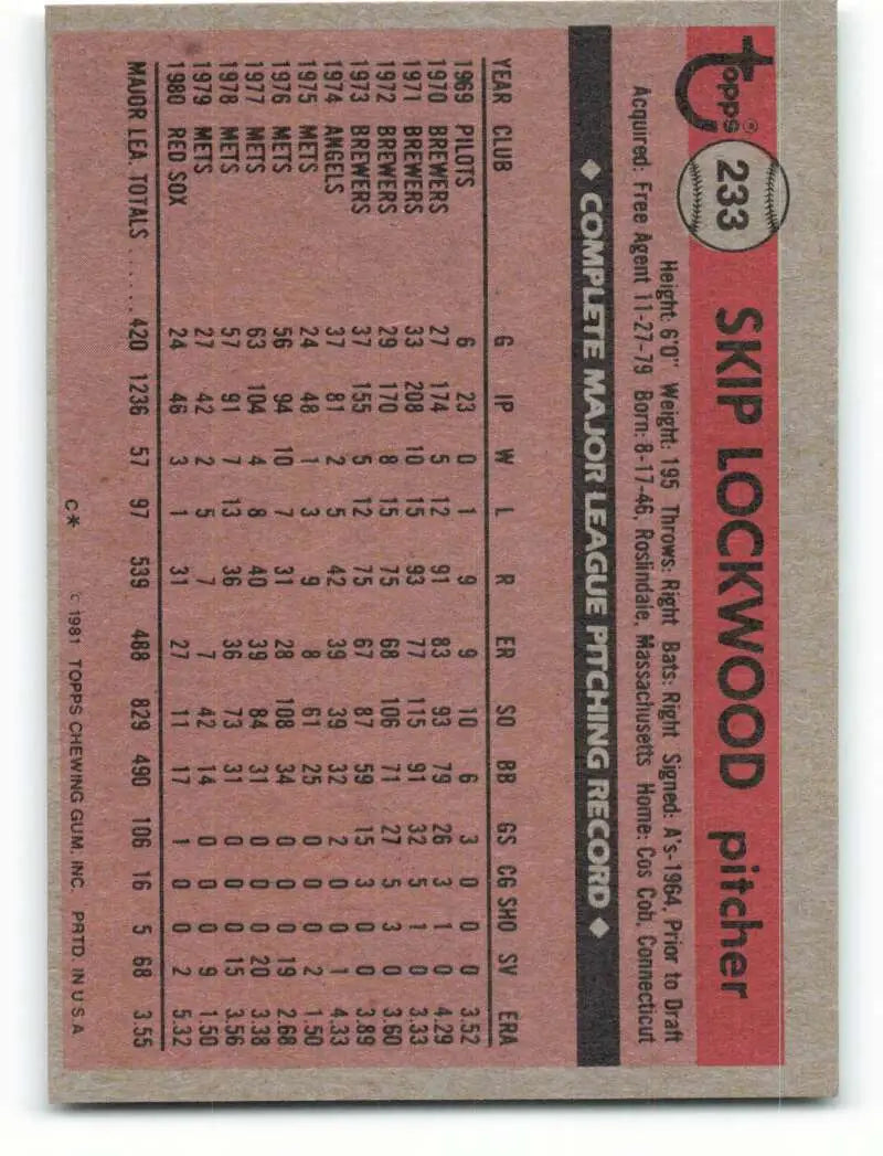 1981 Topps #233 Skip Lockwood EX Excellent Boston Red Sox Baseball Card - Baseball Card Single
