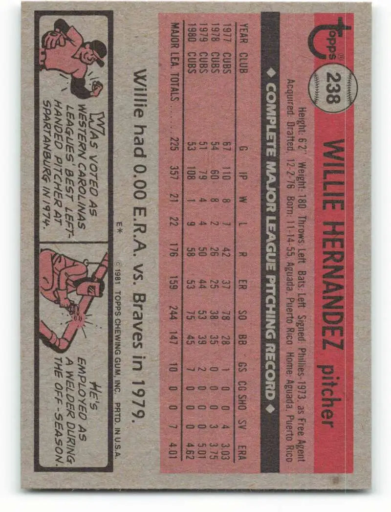 1981 Topps #238 Willie Hernandez EX Excellent Chicago Cubs Baseball Card - Baseball Card Single