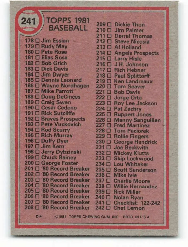 1981 Topps #241 Checklist 122-242 EX Excellent Checklist Baseball Card - Baseball Card Single
