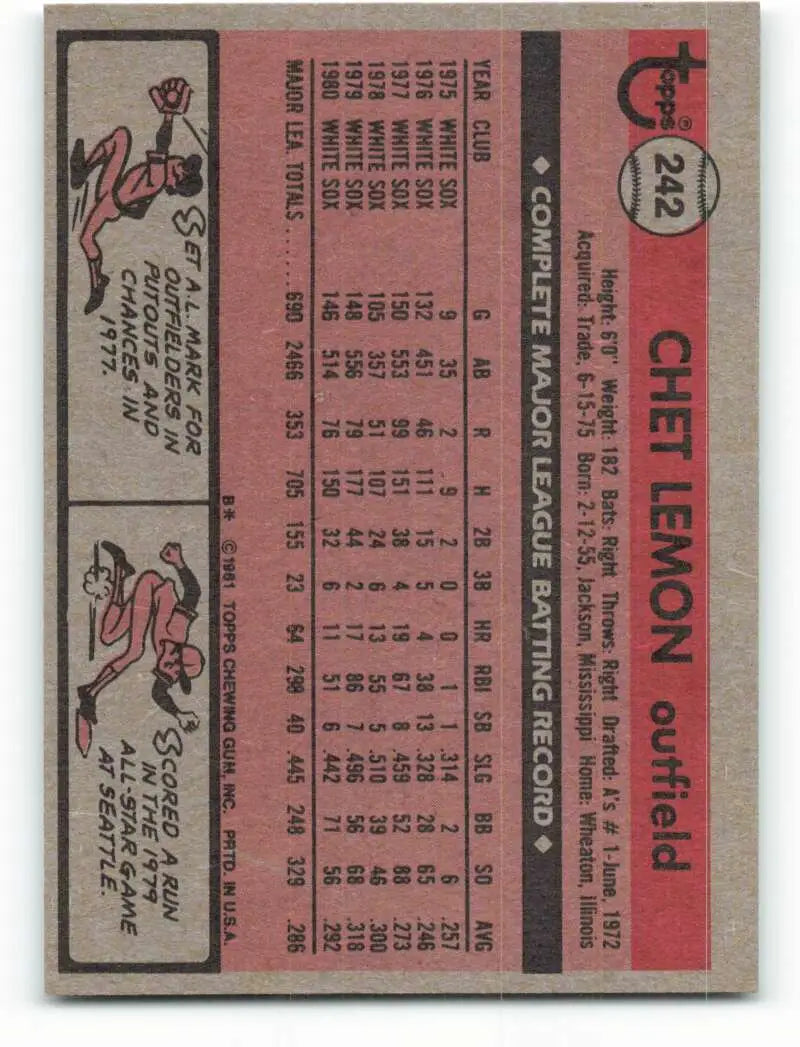 1981 Topps #242 Chet Lemon EX Excellent Chicago White Sox Baseball Card - Baseball Card Single