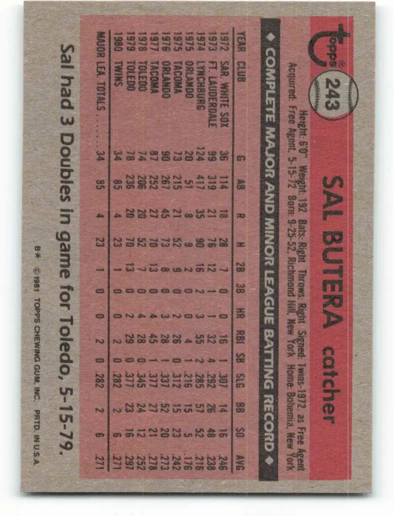 1981 Topps #243 Sal Butera EX Excellent RC Rookie Minnesota Twins Baseball Card - Baseball Card Single