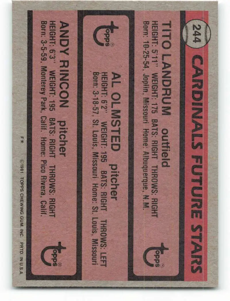 1981 Topps #244 Tito Landrum/Al Olmsted/Andy Rincon EX Excellent RC Rookie St. Louis Cardinals Baseball Card - Baseball