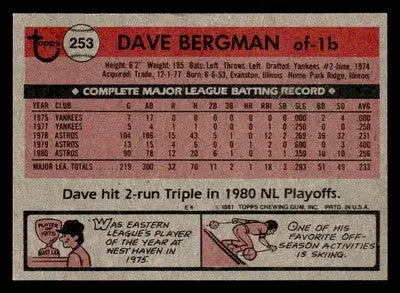 Vintage 1981 Topps Dave Bergman baseball card featuring Houston Astros player