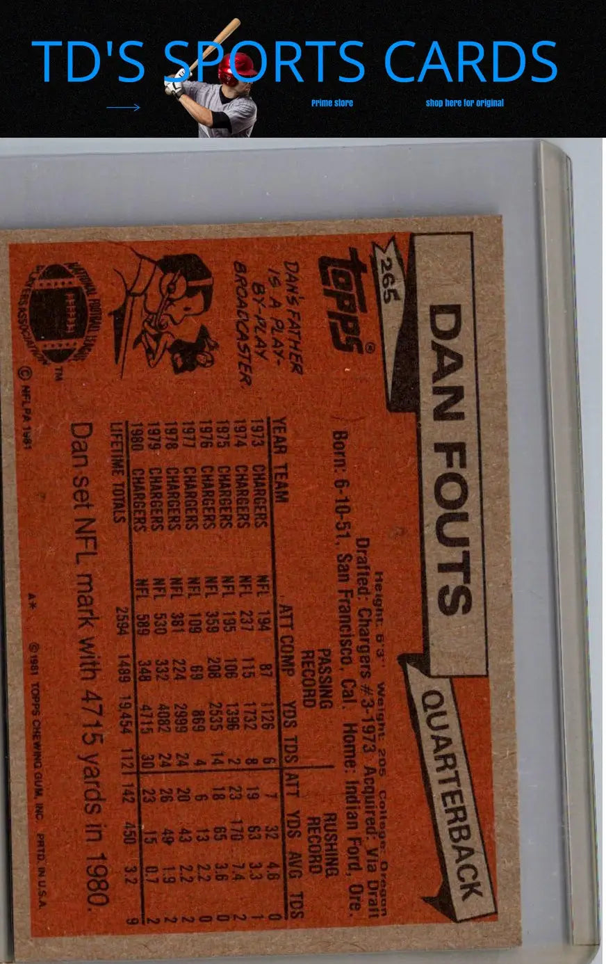 1981 Topps Dan Fouts football card showcasing vintage NFL collectible player image
