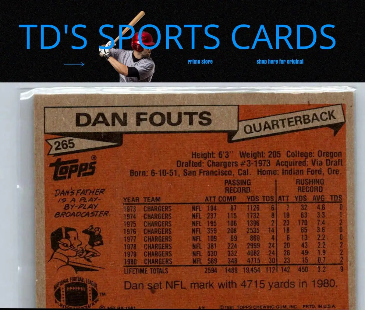 Dan Fouts football card from the 1981 Topps #265 trading cards collection