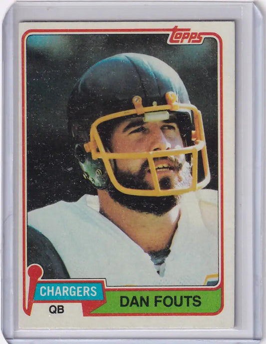 Football trading card of Dan Fouts Los Angeles Chargers in white jersey and yellow facemask