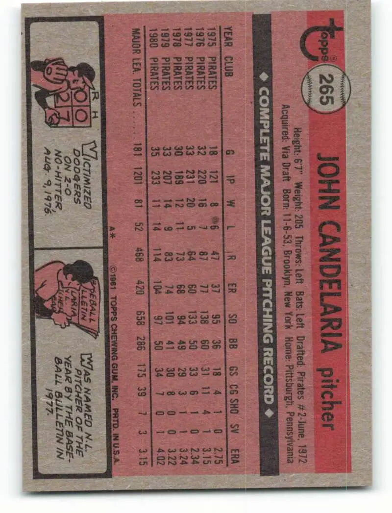 1981 Topps #265 John Candelaria EX Excellent Pittsburgh Pirates Baseball Card - Baseball Card Single