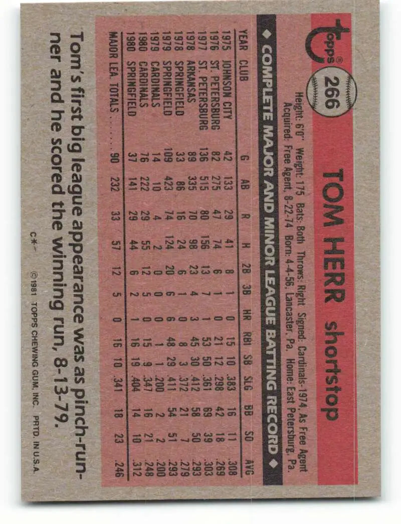 1981 Topps #266 Tom Herr EX Excellent St. Louis Cardinals Baseball Card - Baseball Card Single