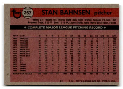 Back of a vintage 1981 Topps Stan Bahnsen baseball card with original gloss NM-MT