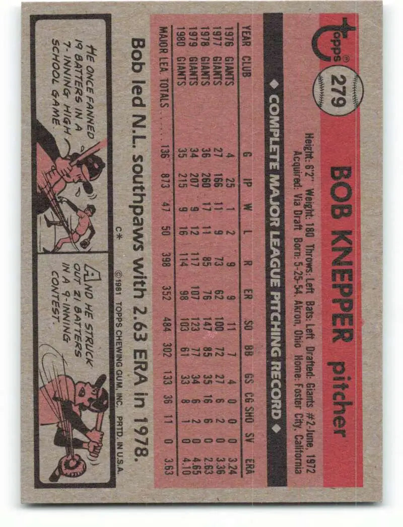 1981 Topps #279 Bob Knepper EX Excellent San Francisco Giants Baseball Card - Baseball Card Single