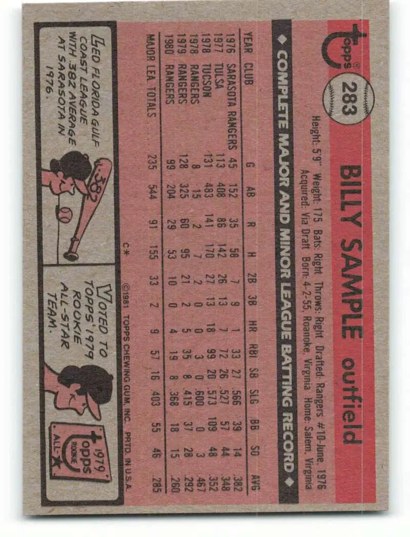 1981 Topps #283 Billy Sample EX Excellent Texas Rangers Baseball Card - Baseball Card Single
